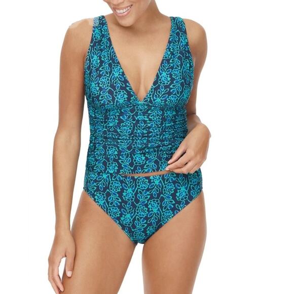 J.Crew Ruched Plunge Tankini Top WMNS M Blue Floral Print Lined Adjustable Strap - Picture 1 of 9